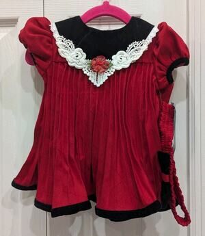 Thomas Girls Red Short Sleeve Black Collar Dress With White Lace Sz 3-6 M NWT 3